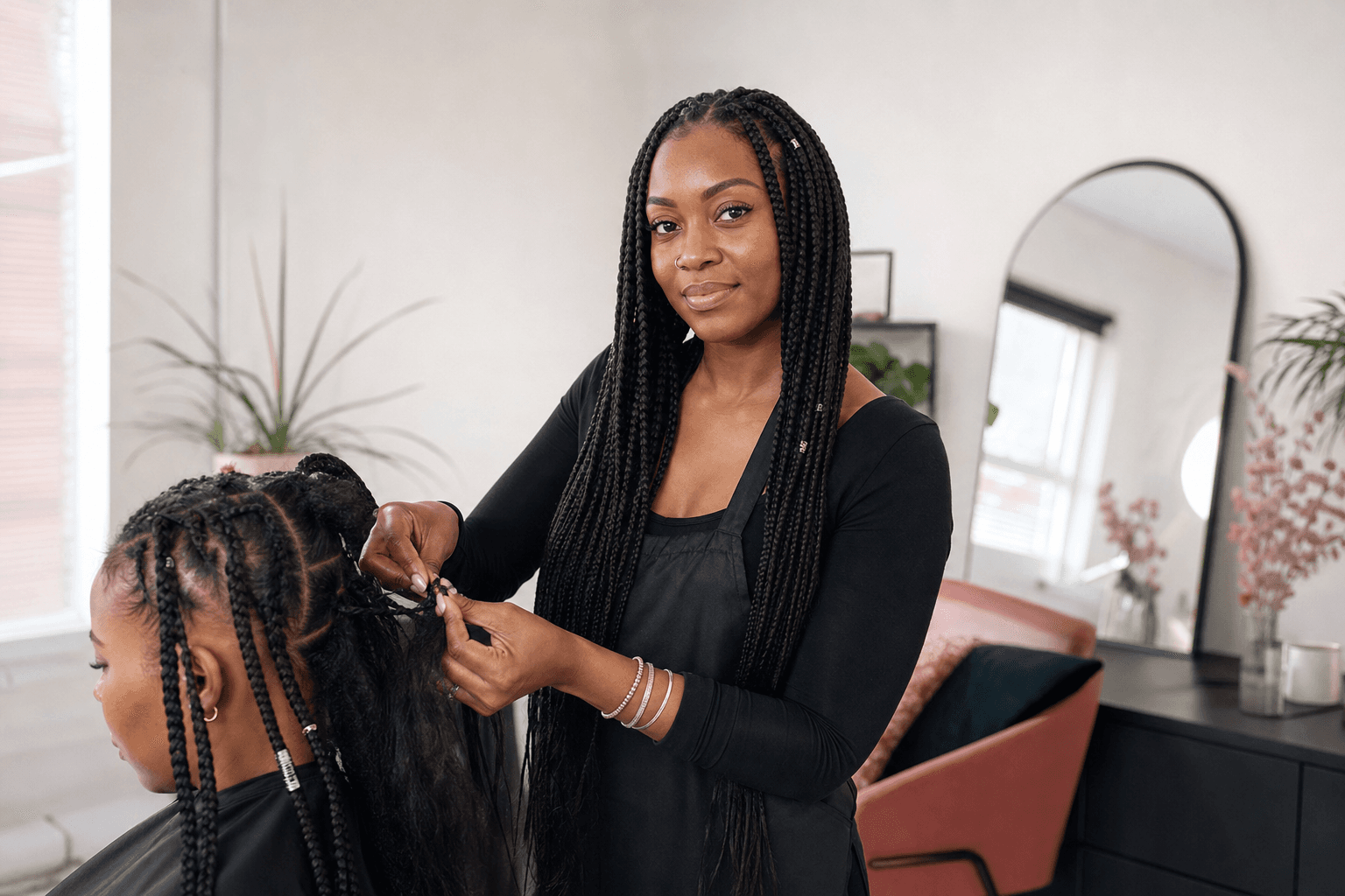 Professional braider creating knotless braids in a modern studio