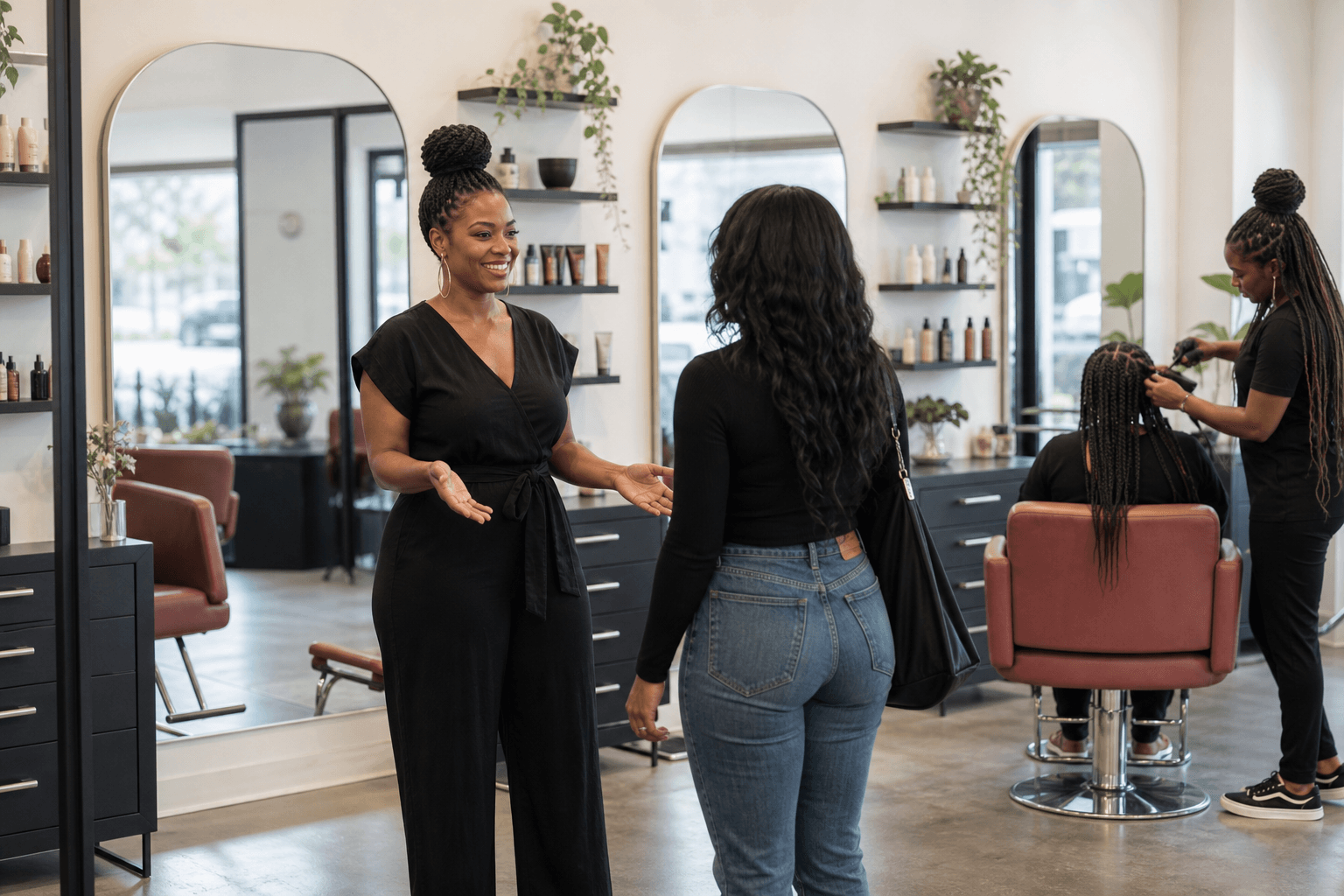 Salon owner welcoming a client into a contemporary braiding salon