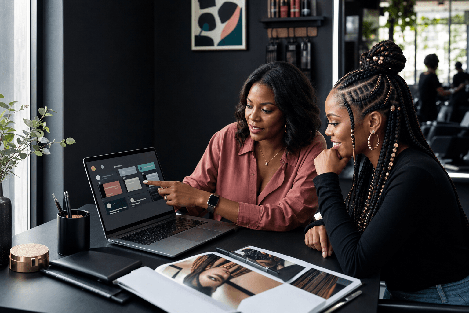 Salon owner and professional braider reviewing paid opportunities