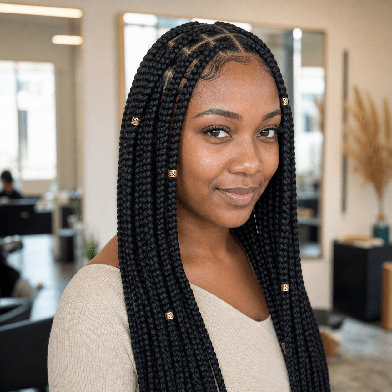Neat waist-length knotless box braids by Amara Okafor